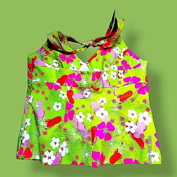 90's Lilly Pulitzer Neon Green and Pink Halter Top - floral flipflop theme - Picture 2 of 4